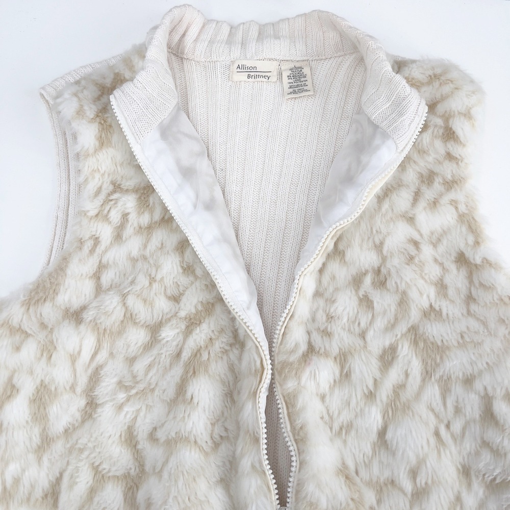 Allison Brittney Women's Faux Fur Sweater Vest Front Zip Ivory Tan Large - Picture 6 of 6